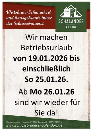 Betriebsurlaub von 19.01. bis 25.01.2026